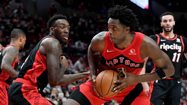 Nov 15, 2021; Portland, Oregon, USA; Toronto Raptors forward OG Anunoby (3) drives to the basket on Portland Trail Blazers forward Nassir Little (9) during the second half of the game at Moda Center. The Blazers won 118-113.Mandatory Credit: Steve Dykes-USA TODAY Sports
